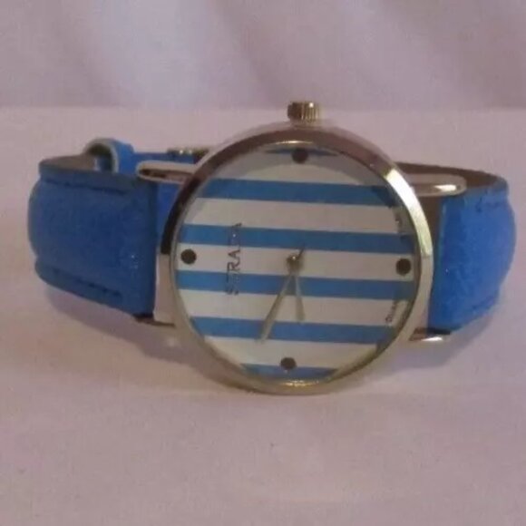 STRADA Watch Stripe Faux Leather Band Stainles Steel Blue Original Box - Picture 4 of 5